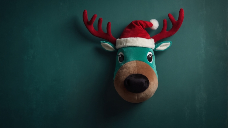 Plush reindeer head wearing a Santa hat, centered against a dark green background in a studio photography setup.