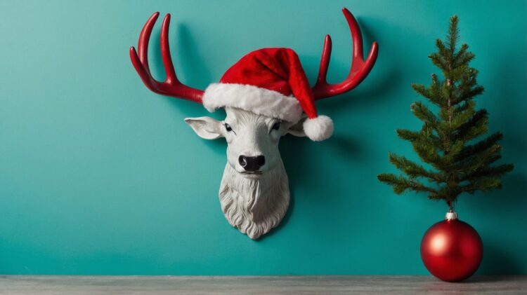 A white deer head with a red Santa hat on the wall, a small Christmas tree, and ornaments against a turquoise background