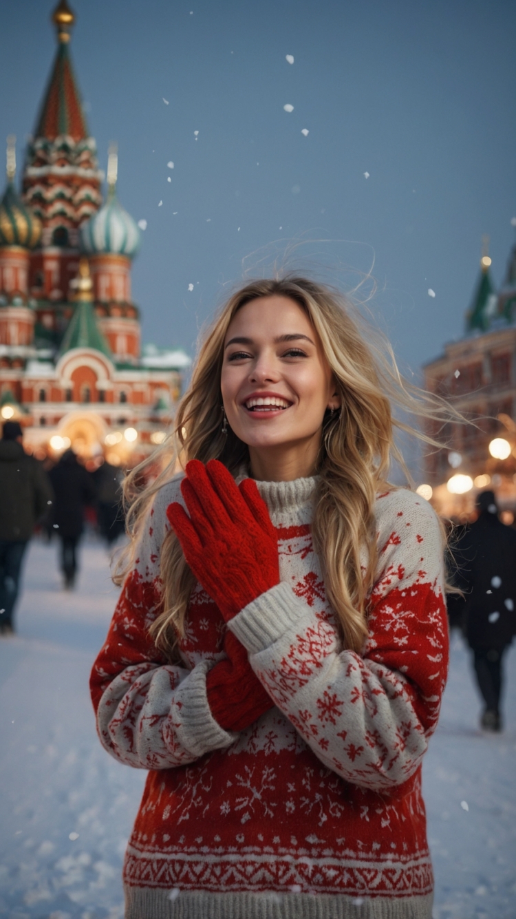 Smiling Woman in Christmas Sweater on Red Square