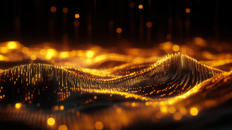 Abstract digital landscape with golden glowing lines and dots forming wave-like shapes, set against a dark background with a sci-fi style.