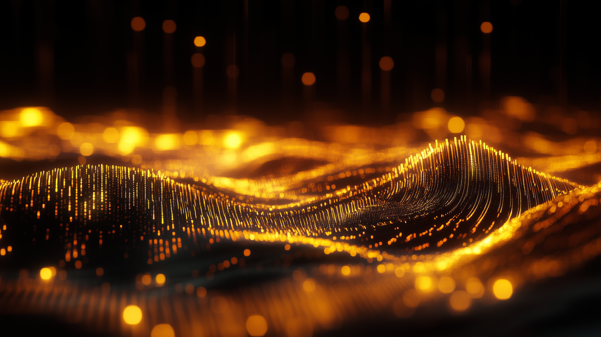 Abstract digital landscape with golden glowing lines and dots forming wave-like shapes, set against a dark background with a sci-fi style.