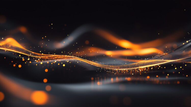 Black background, orange glowing lines, and light dots on the surface of water waves. Golden gradient, abstract background with blurred gold lights.