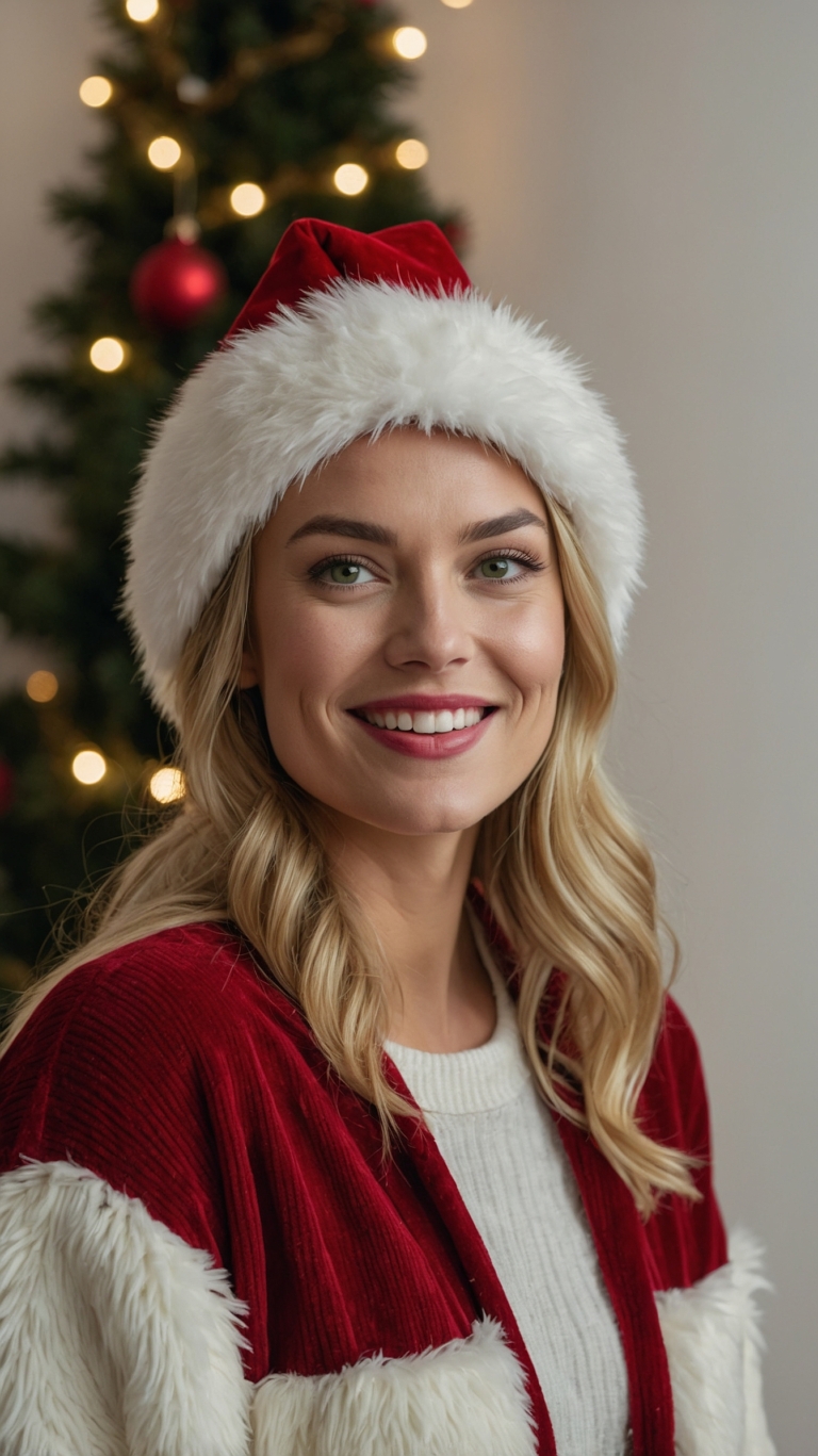 Festive Smiles: Blonde Woman in Holiday Attire