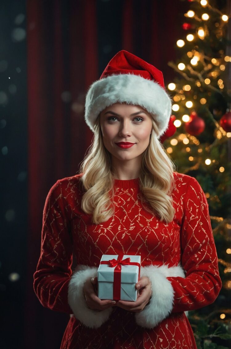 Beautiful blonde woman in a red dress and Santa hat holding a gift box, with a Christmas tree in the background, full-body shot with cinematic lighting.