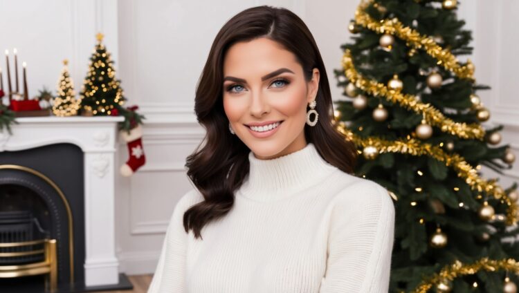 Elegant woman with dark brown hair and blue eyes, wearing a white turtleneck sweater and large earrings, smiling by a Christmas tree and fireplace.