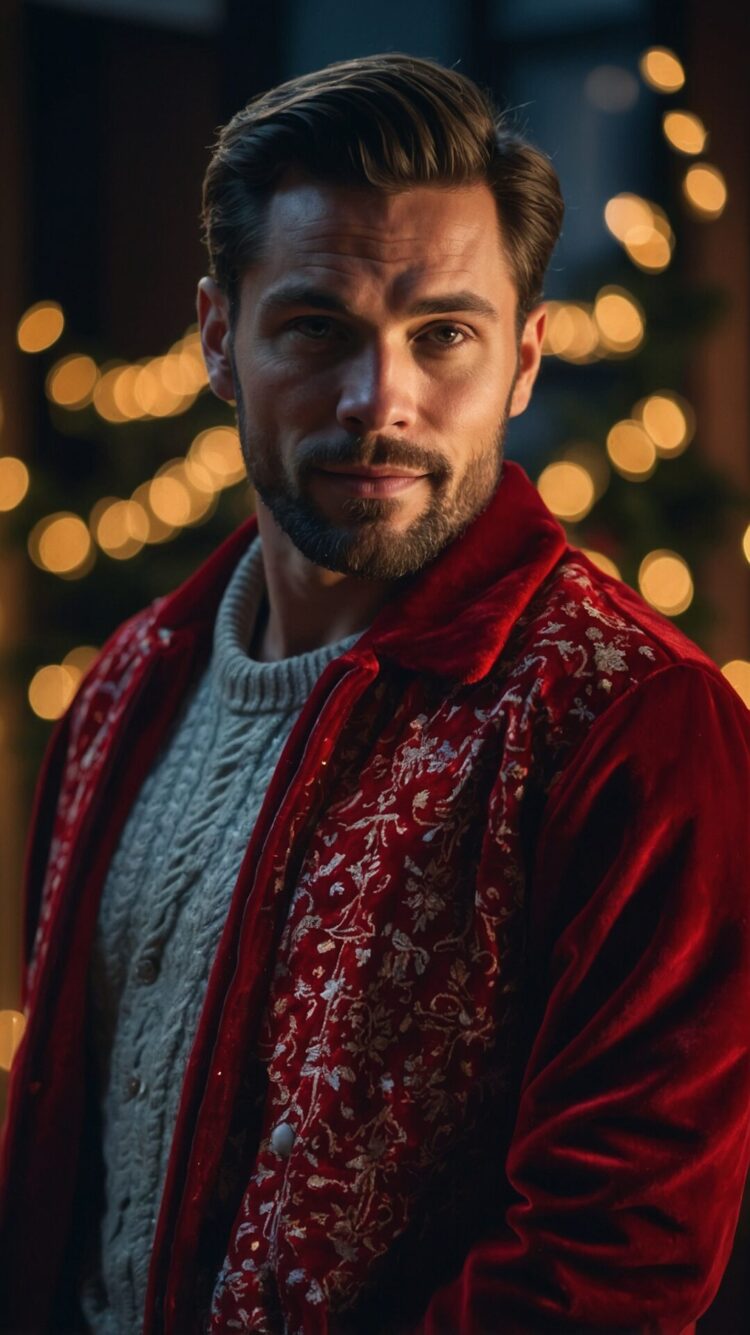 Handsome man with short hair and a beard wearing a red velvet jacket over a sweater, standing in front of a Christmas tree at night.