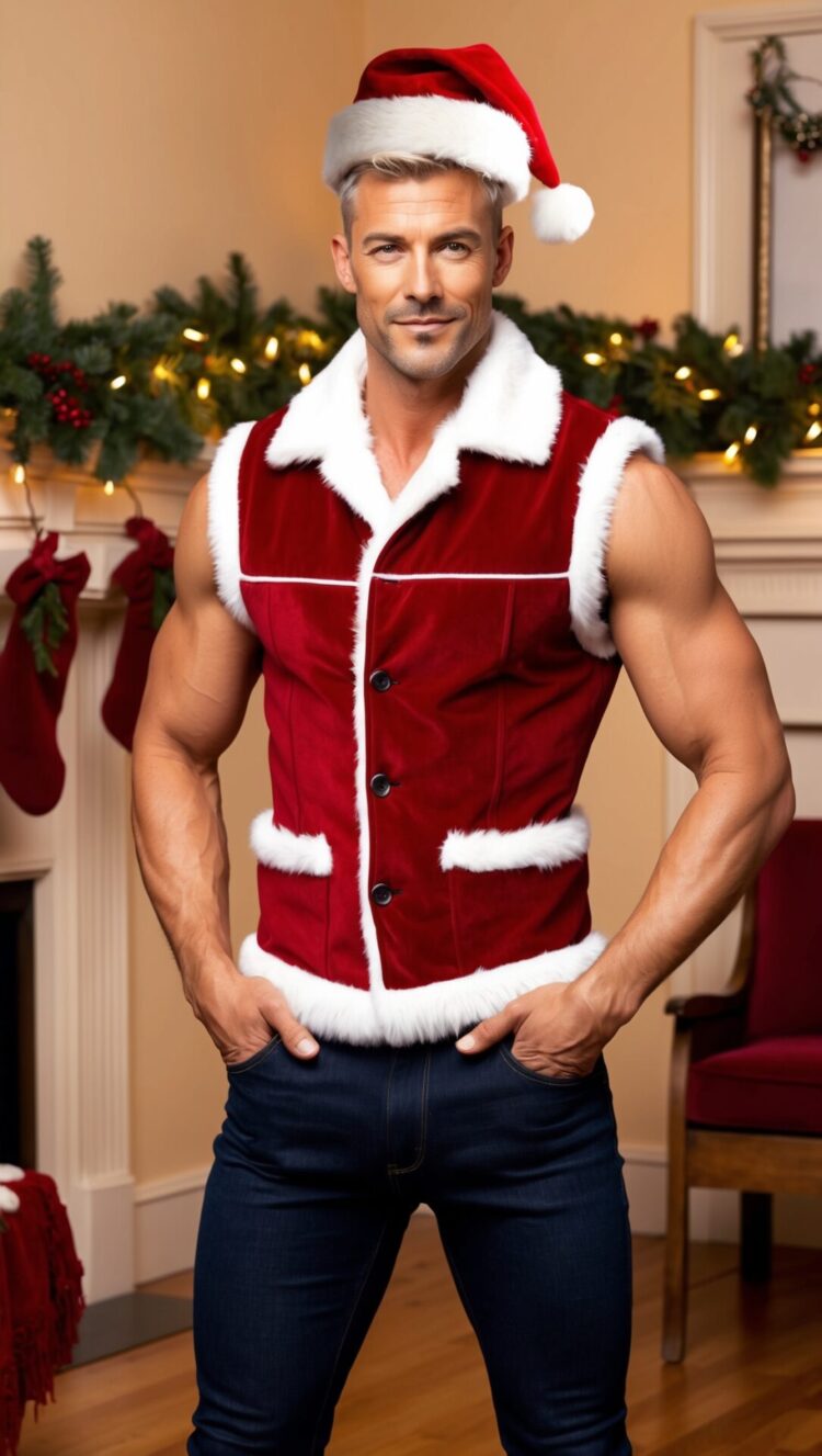 Muscular white man wearing a Christmas vest, Santa hat, and jeans, smiling with hands on hips in a festive living room background.