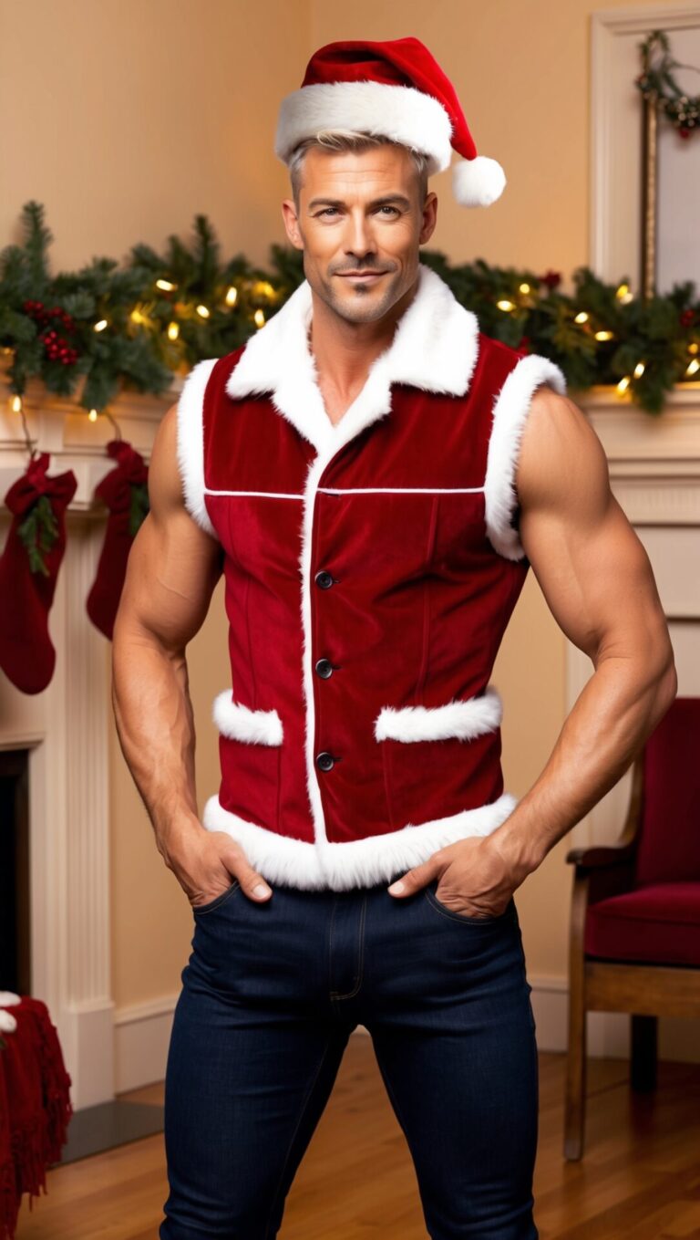 Muscular Man in Christmas Vest Posing in Festive Living Room