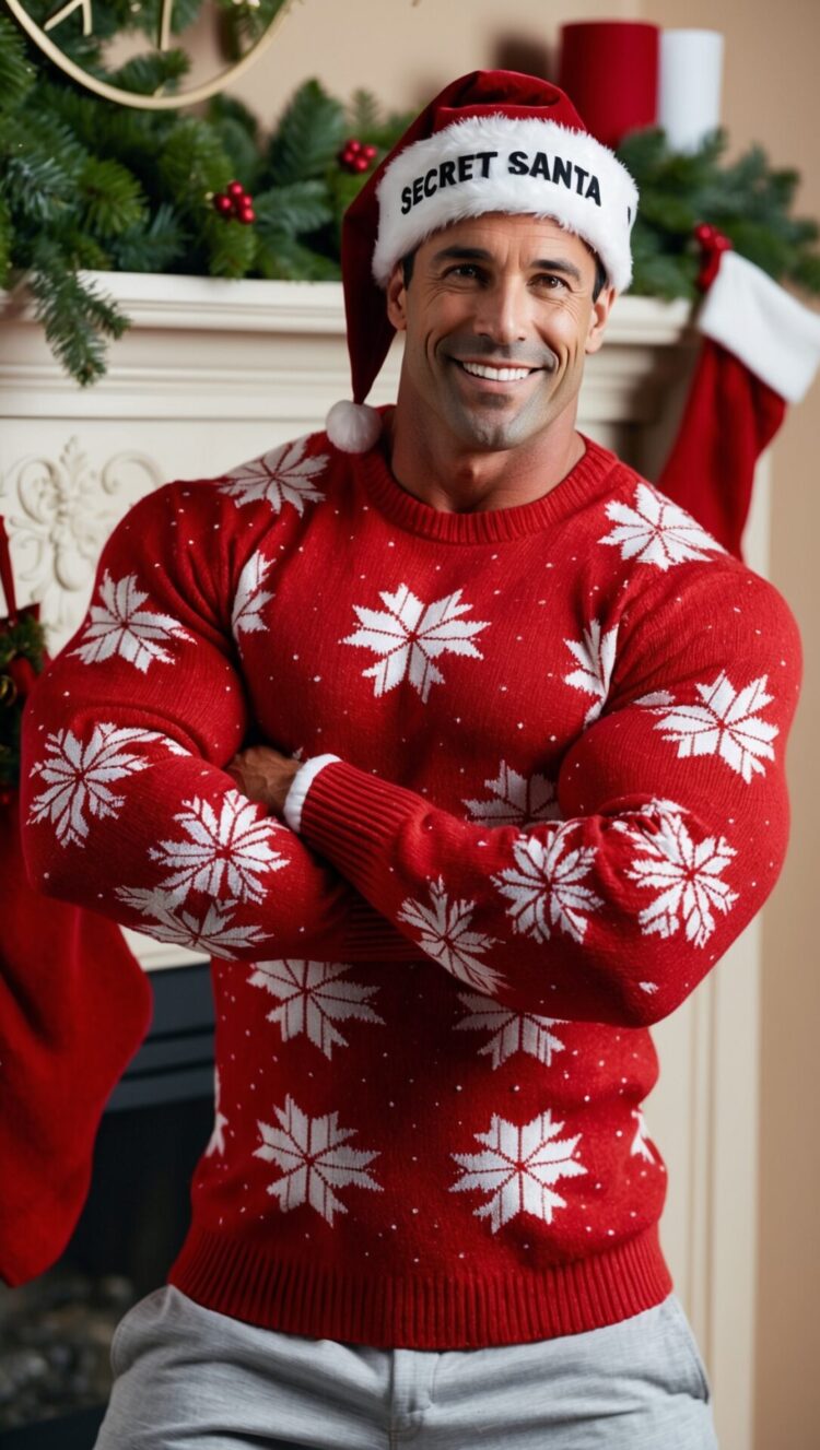 Muscular man in his thirties wearing a red Christmas sweater with a white snowflake pattern and a Santa hat, smiling in front of a festive fireplace.