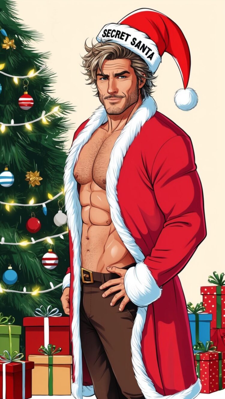 Illustration of a rugged, handsome man with tousled hair, wearing a red Santa coat, 'Secret Santa' hat, standing next to a Christmas tree with presents.