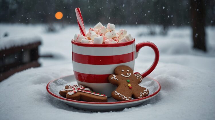 Red and white striped mug with hot chocolate, marshmallows, candy canes, and gingerbread cookies, sitting in the snow.