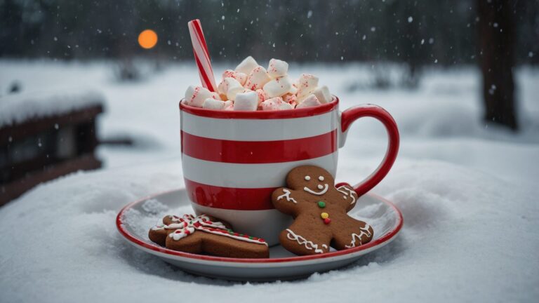 Festive Hot Chocolate Mug with Gingerbread Cookies in the Snow