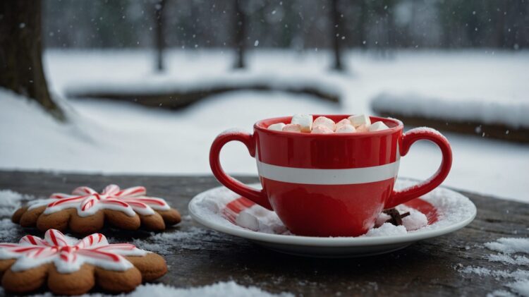 Red mug with hot chocolate and marshmallows on an outdoor table, surrounded by gingerbread cookies shaped like candy canes, with snow-covered trees in the background.