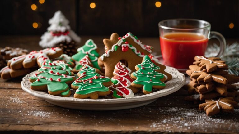 Gingerbread Cookies and Tea on a Festive Wooden Table
