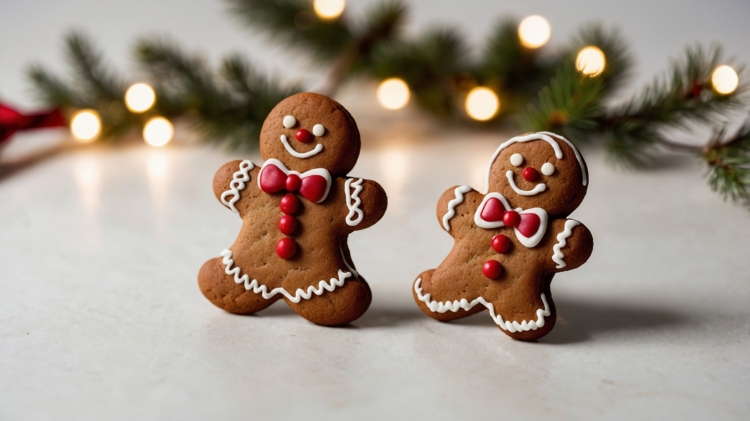 Two gingerbread man and woman cookies with red bow ties on a white tabletop, green pine branches, and white lights in the background.