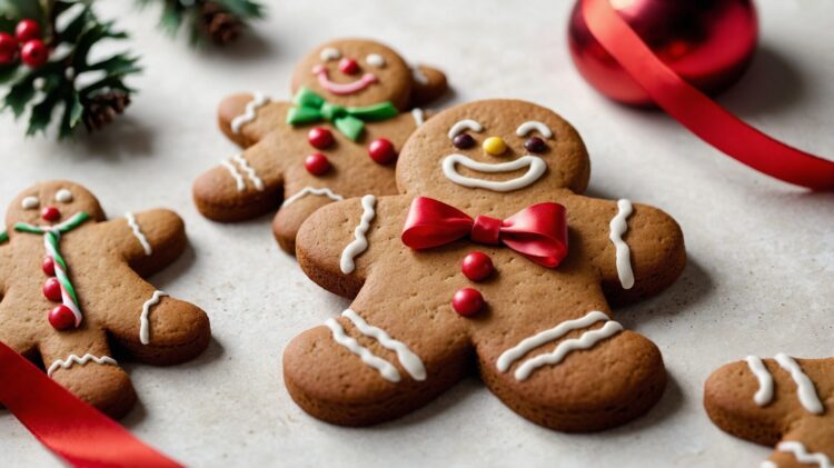 Collection of gingerbread man cookies with white icing, red and green bow ties, and Christmas decorations like ribbons and holly leaves on a light gray background.