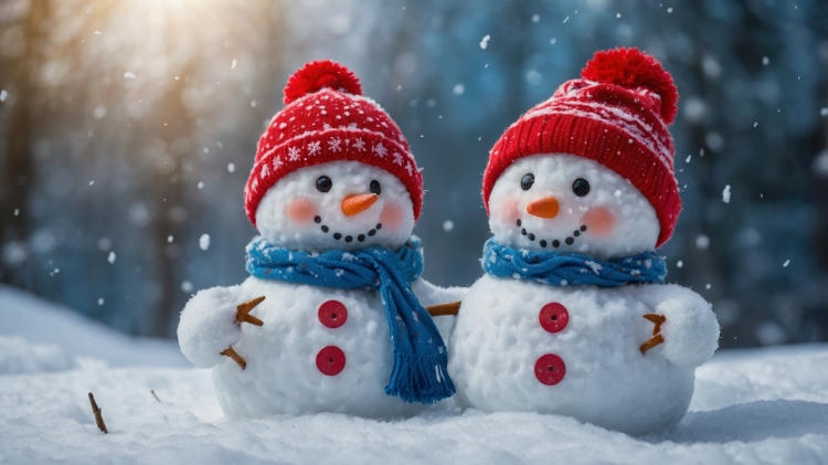 Two cute snowmen in red and blue hats, scarves, and gloves, smiling and standing on a white snowy background, in a cartoon style.