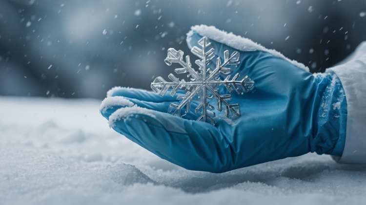 A close-up of a hand in blue gloves holding a delicate ice crystal snowflake, with snowflakes falling against a snowy background.