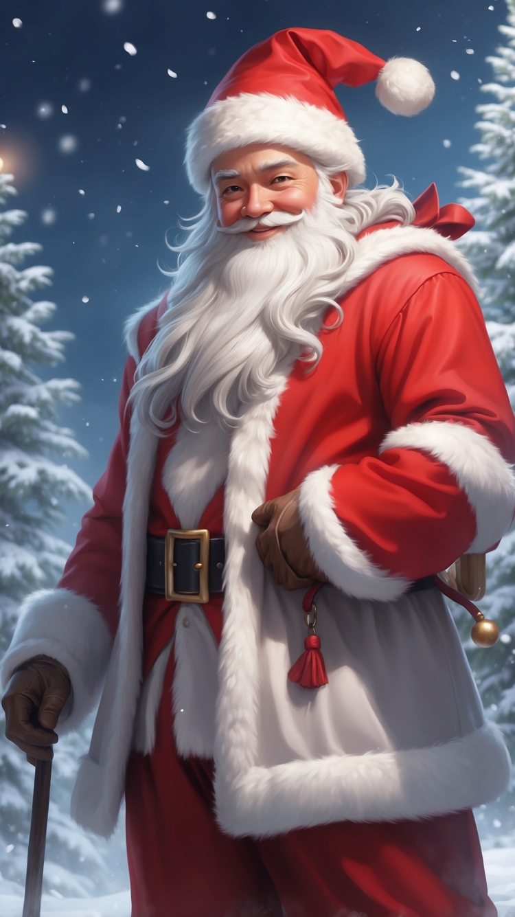 A cheerful Santa Claus in a red suit with white fur trim, standing in the snow, smiling and holding a walking stick in cartoon style.