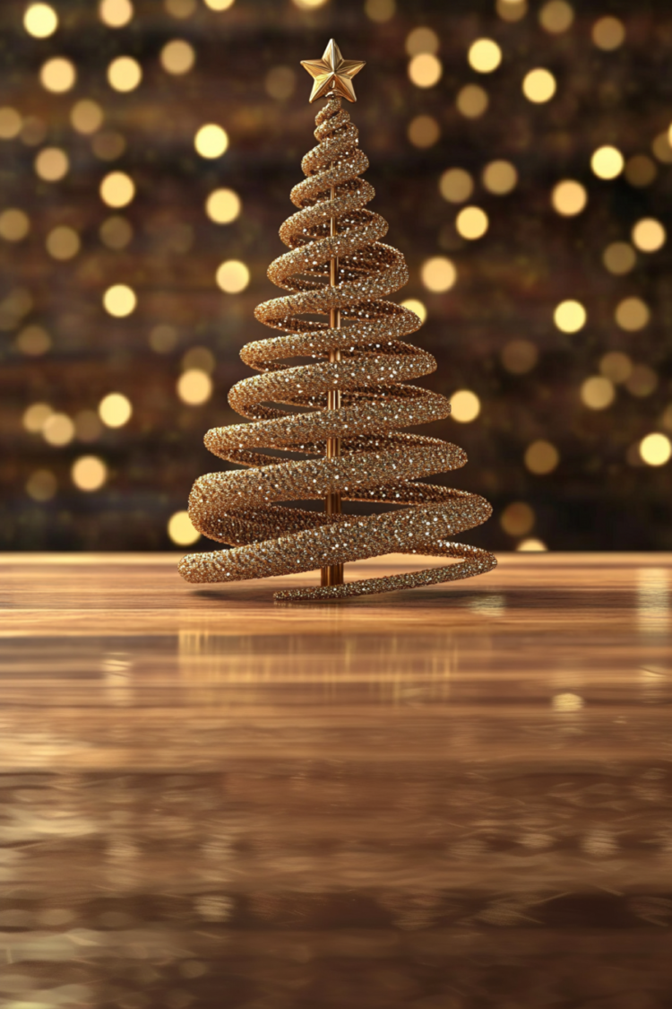 A 3D Christmas tree crafted from a golden spiral on a wooden table, with a blurred lights background adding a festive glow.