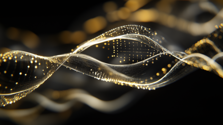 A close-up of golden digital waves and data streams with subtle light effects on a black background, depicting the fluidity, movement, and complexity of AI technology in a highly detailed and dynamic composition.