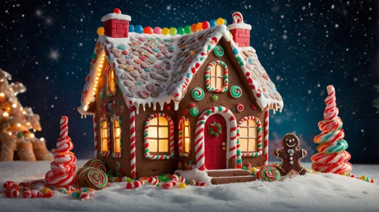 A photorealistic gingerbread house decorated with candy and lollipops, set against a background of Christmas lights and a night sky, with white snow on the ground. A colorful gummy figure stands beside the gingerbread cottage in the front view.