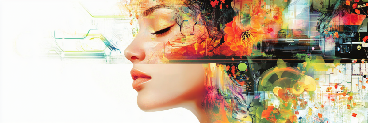 Side profile of a woman’s face with eyes closed surrounded by bright digital flowers and abstract circuitry patterns