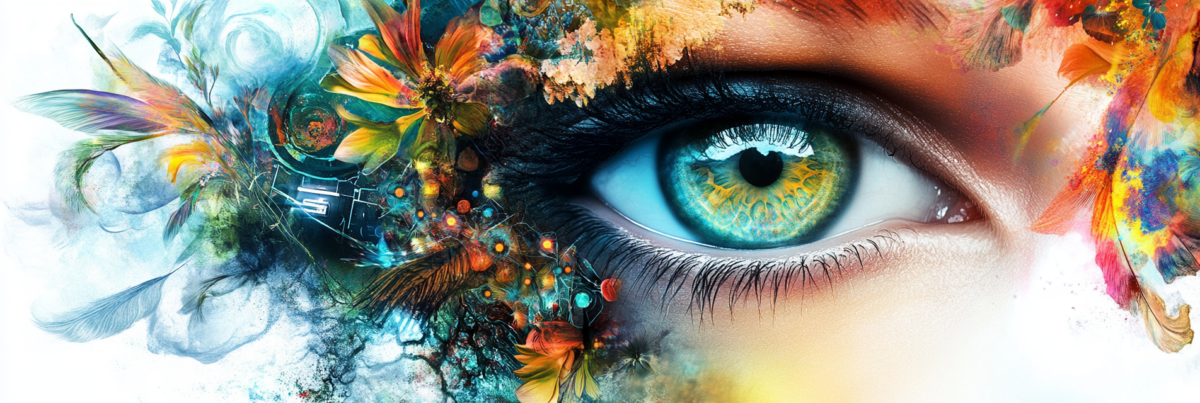Close-up of a bright blue-green eye surrounded by vivid orange, yellow, and blue spring flowers and artistic brush strokes