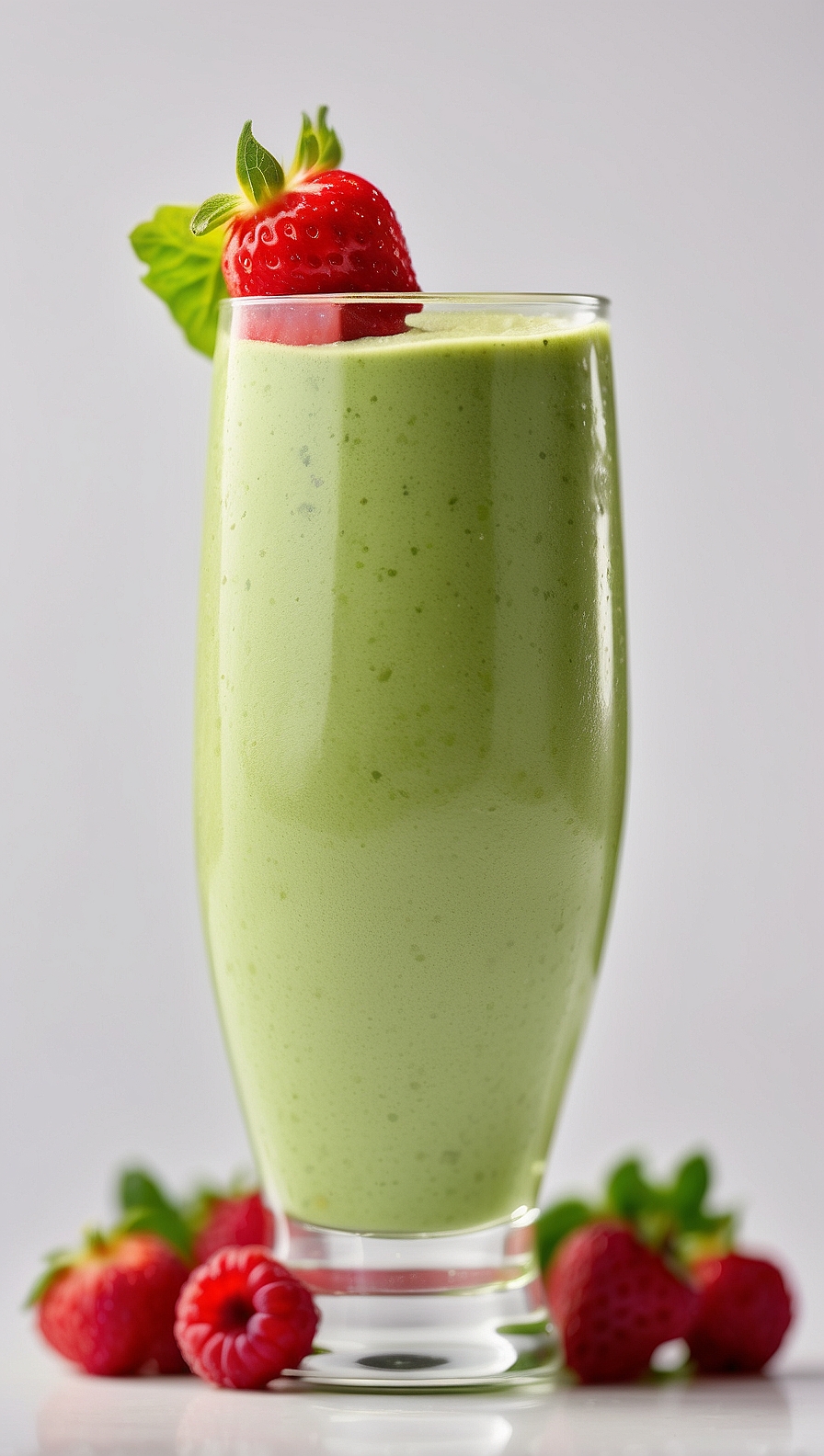 A tall glass of green smoothie with a strawberry garnish, surrounded by raspberries, on a white background.