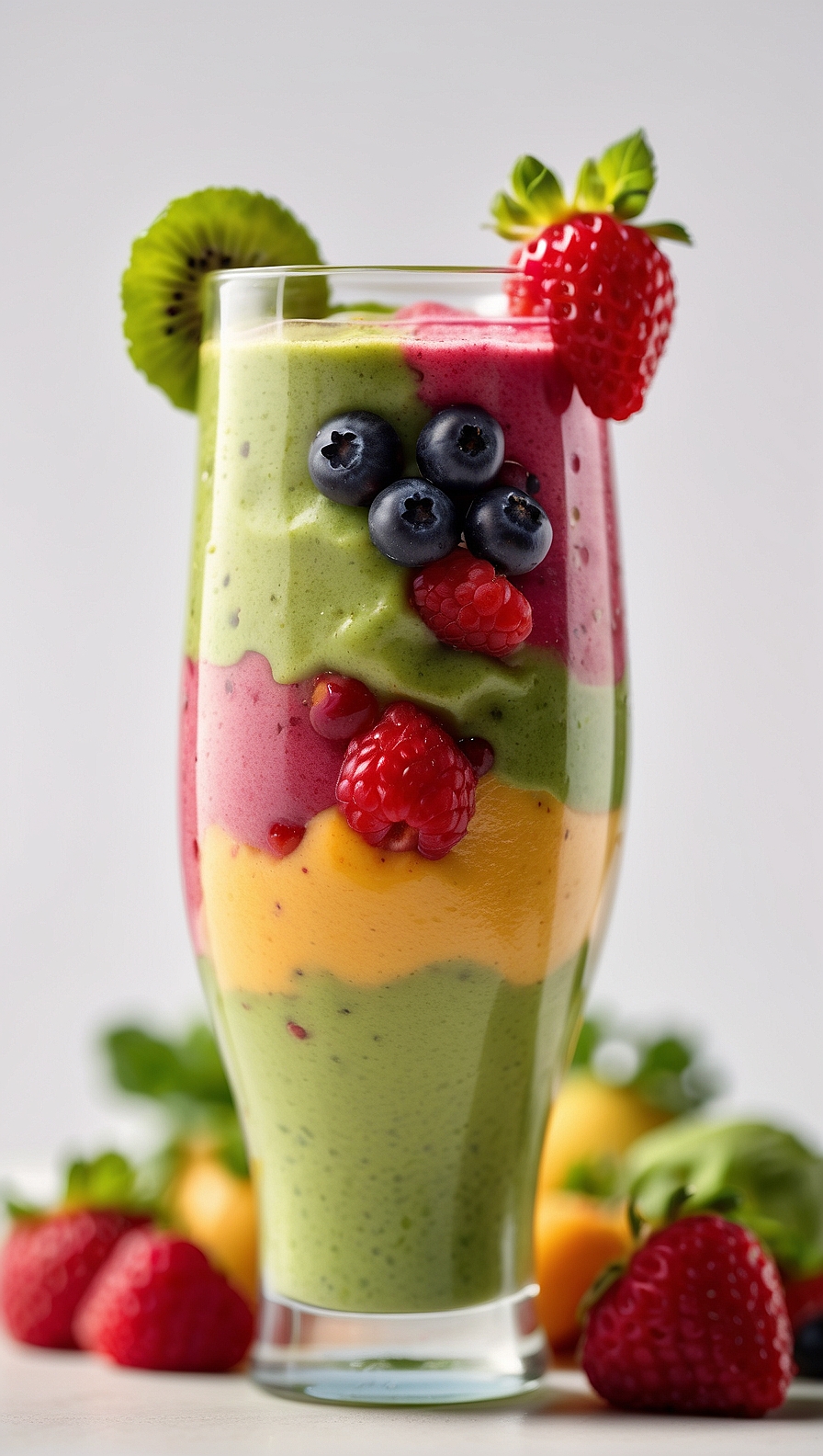 Layered green, pink, and yellow smoothie topped with blueberries, strawberries, and kiwi against a white background.