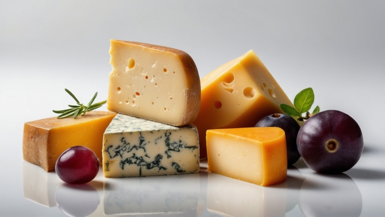 Photorealistic image of various cheeses, including cheddar, gorgonzola, camembert with rosemary, and grapes on a white background.