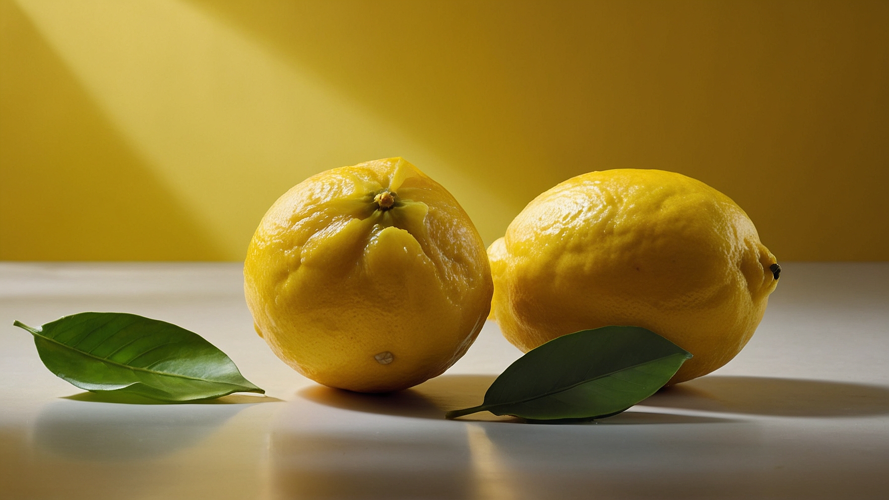 Two lemons with leaves on a table against a yellow background, featuring dramatic light and shadow in high-definition detail.