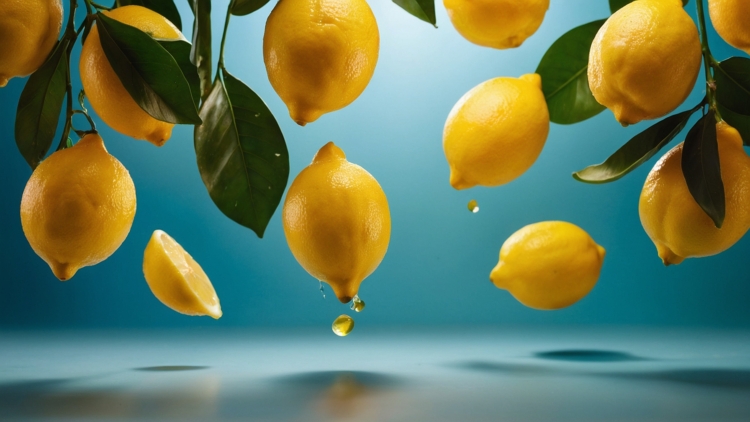 Lemons and leaves suspended mid-air with glistening droplets against an azure background, evoking a vibrant and tropical feel.