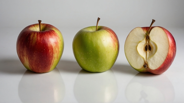 Three apples on a white background, including a sliced apple showing its core, with soft shadows and detailed textures.