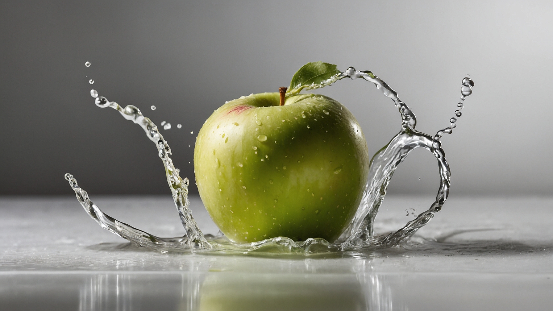 A green apple captured mid-splash as it falls into water, with high-speed photography against a white and light grey background.