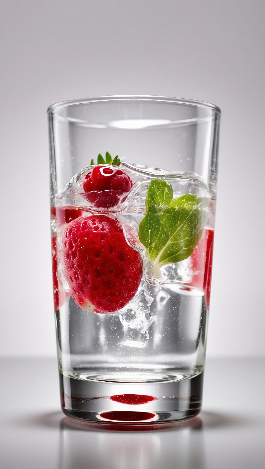 A glass of water with ice, strawberries, and mint leaves, isolated on a white background with studio lighting in high resolution.