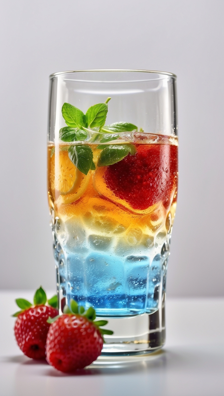 Vibrant summer cocktail with blue, red, and white layers, garnished with strawberries, ice cubes, and mint leaves, on a light background.