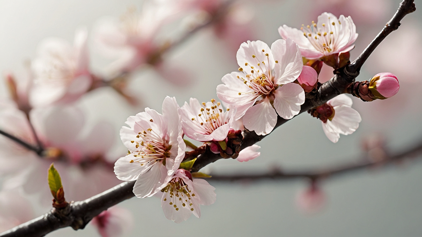 Close-up of delicate peach blossoms with pink and white petals and yellow stamens, against a soft gray background in morning light.