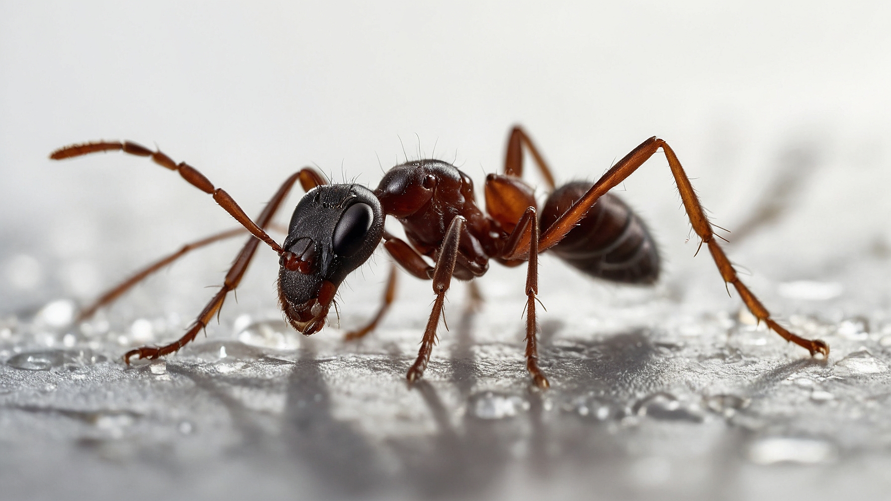 Close-up of an ant on a white surface, captured in high-definition with sharp focus and detailed clarity.