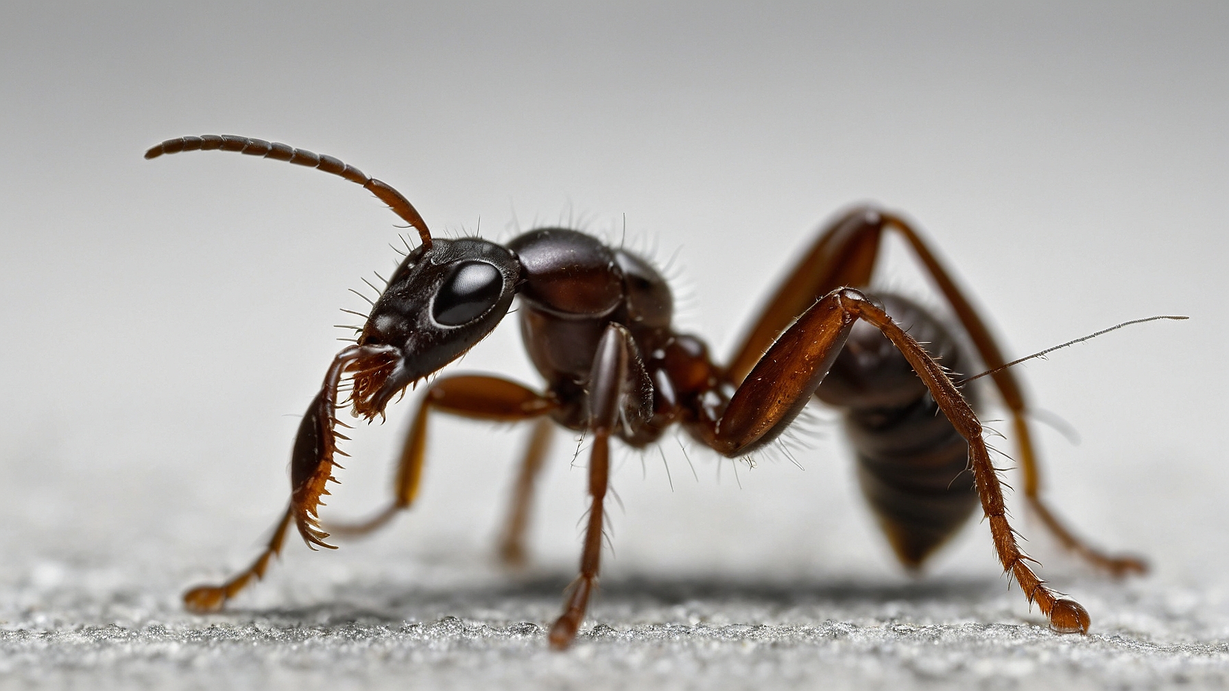 Close-up of an ant with fine black hair and brown skin, standing on concrete with its legs outstretched, set against a white background.