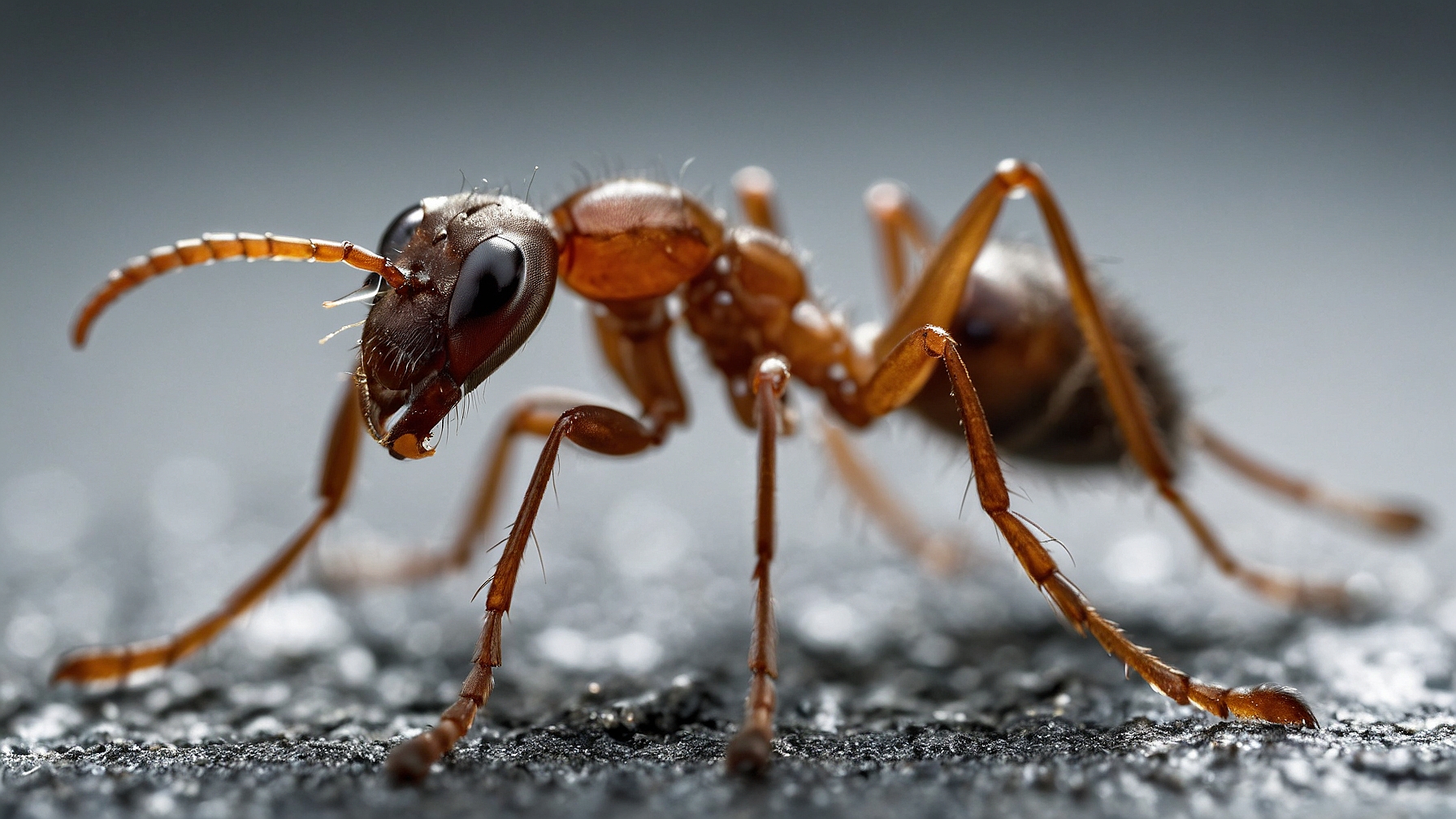 Macro shot of an ant standing on its hind legs, looking at the camera with sharp focus, with a blurred concrete background.