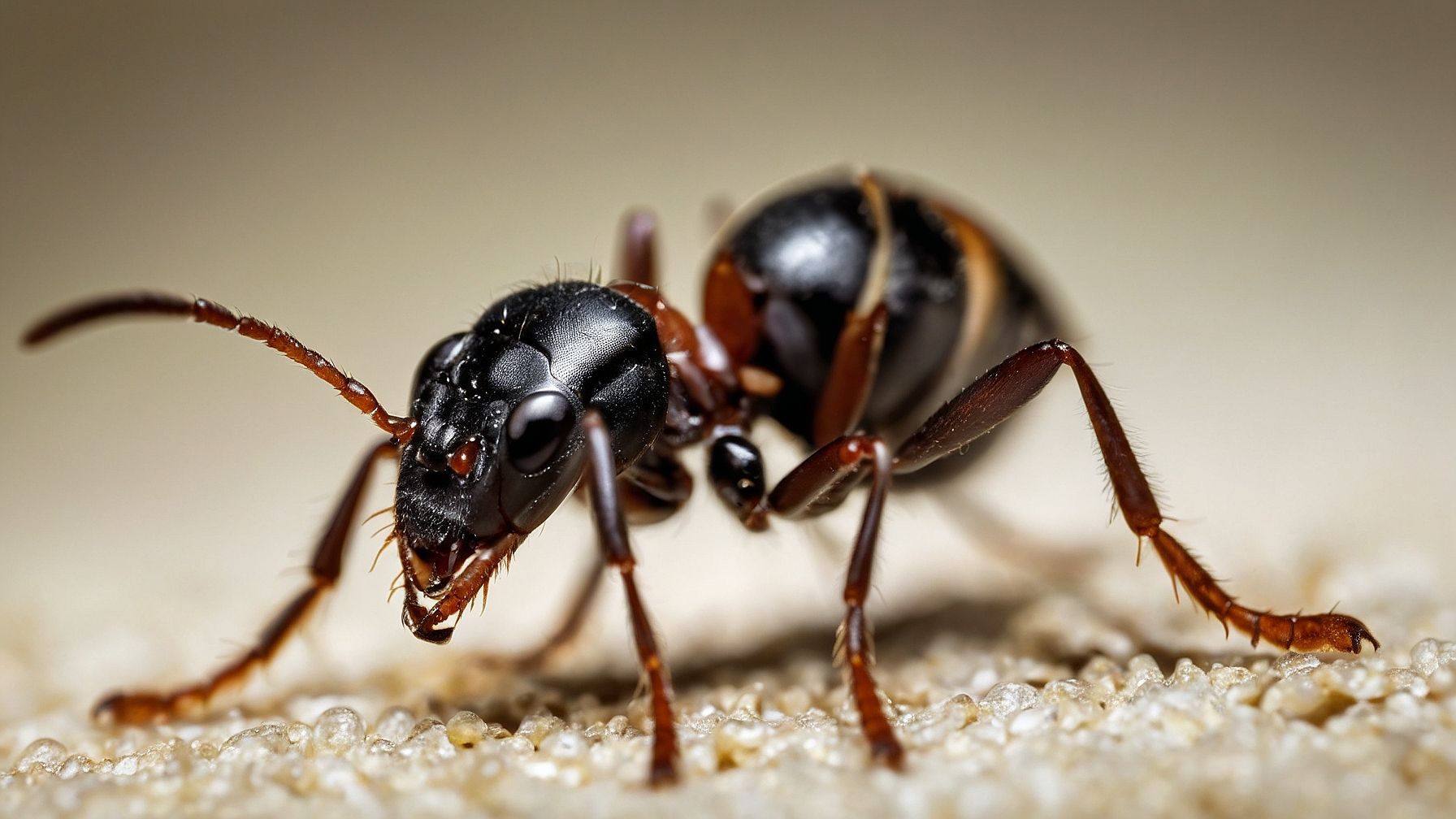 Close-up photograph of a black and brown ant on white sand, focusing on mandibles and head shape with soft lighting and blurred background.