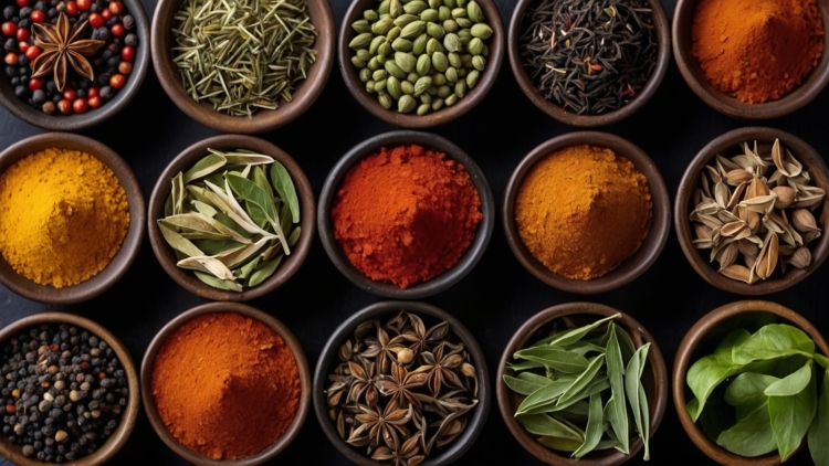 A Vibrant Display of Spices in Wooden Bowls