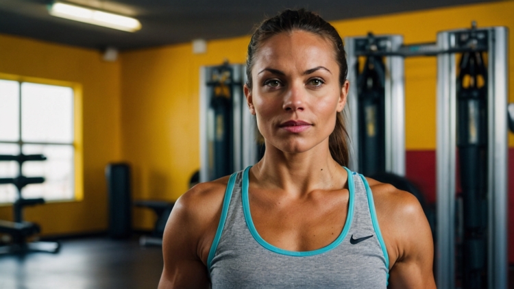 Portrait of an athletic woman in her late thirties, wearing a light blue and grey tank top, standing in a gym with yellow walls and machines.