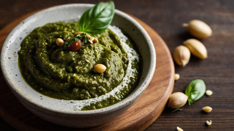 Pesto in a bowl with basil and pine nuts on a wooden board, a green sauce for pasta dishes, rustic kitchen background, close-up.