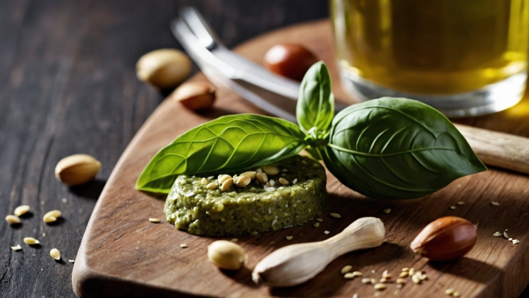 Close-up of nuts and basil on a wooden board with rustic background, alongside homemade green pesto sauce, garlic, and cheese.