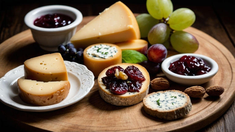A Round Wooden Platter: Cheese, Grapes, and Jam