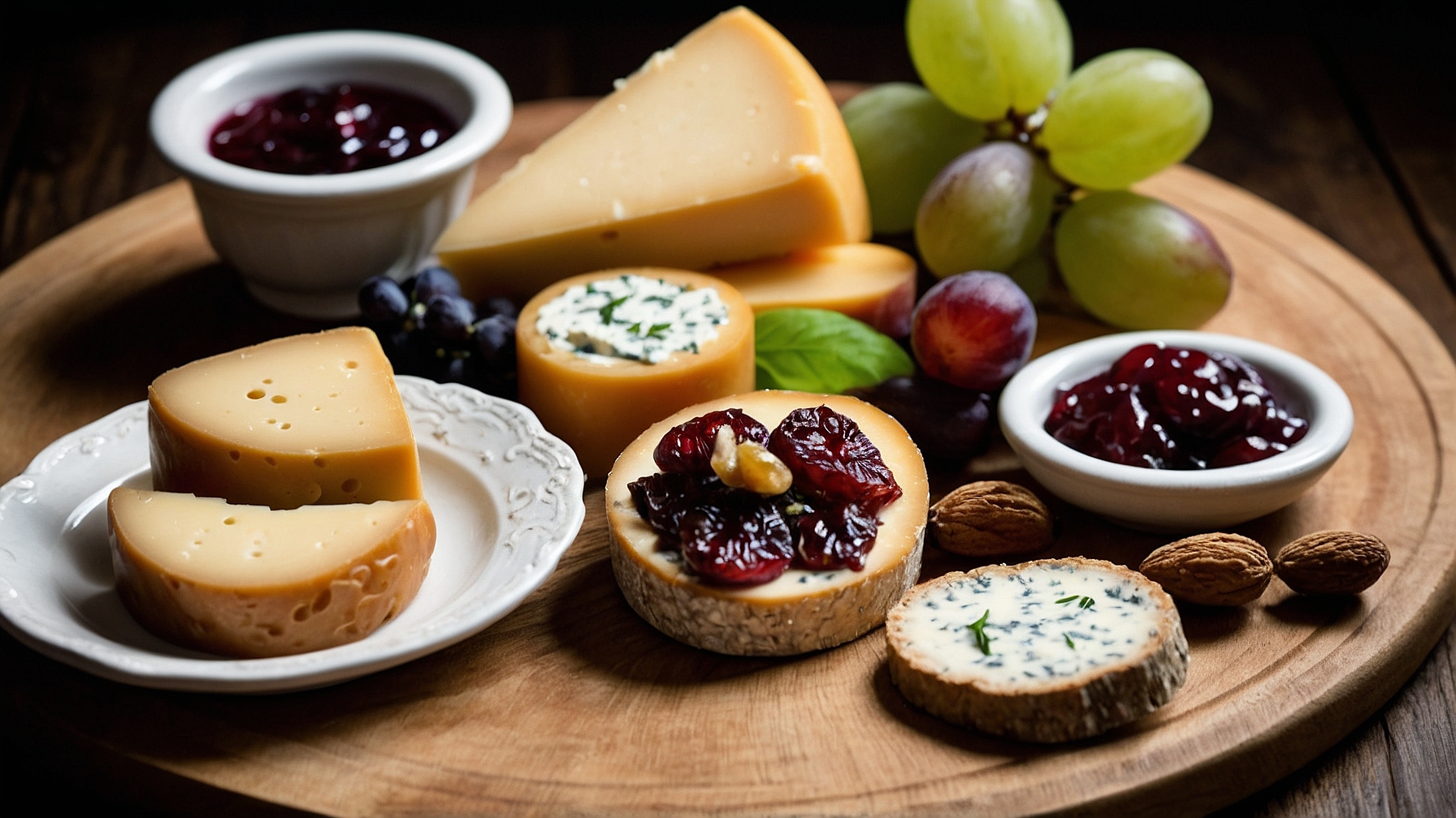 A Round Wooden Platter: Cheese, Grapes, and Jam