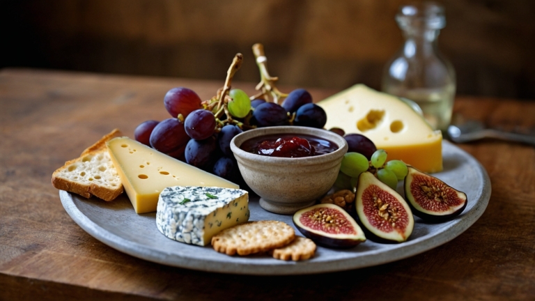 Cheese and Fruit Presentation on Wooden Table