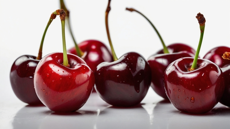 Fresh Dark Red Cherries on White Background